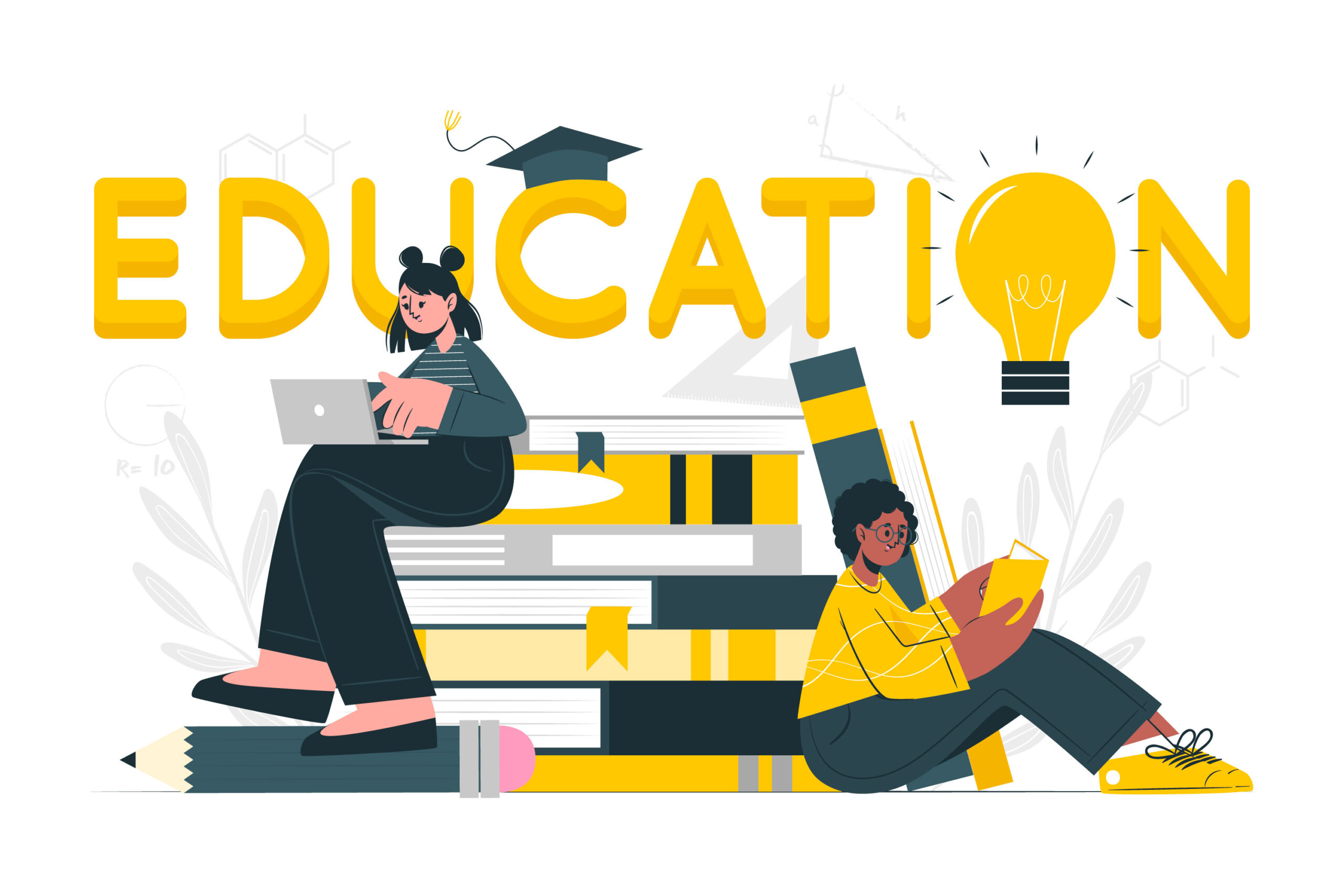 EDUCATION with kids on books is shown in this cartoon. One reads and uses a laptop. Cap for graduation and lightbulb shown.