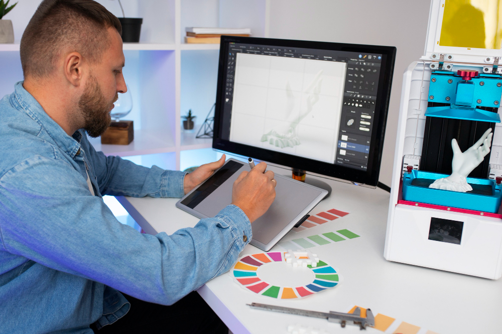 A man engaged in 3D printing, highlighting his role in professional graphic design and innovative technology.