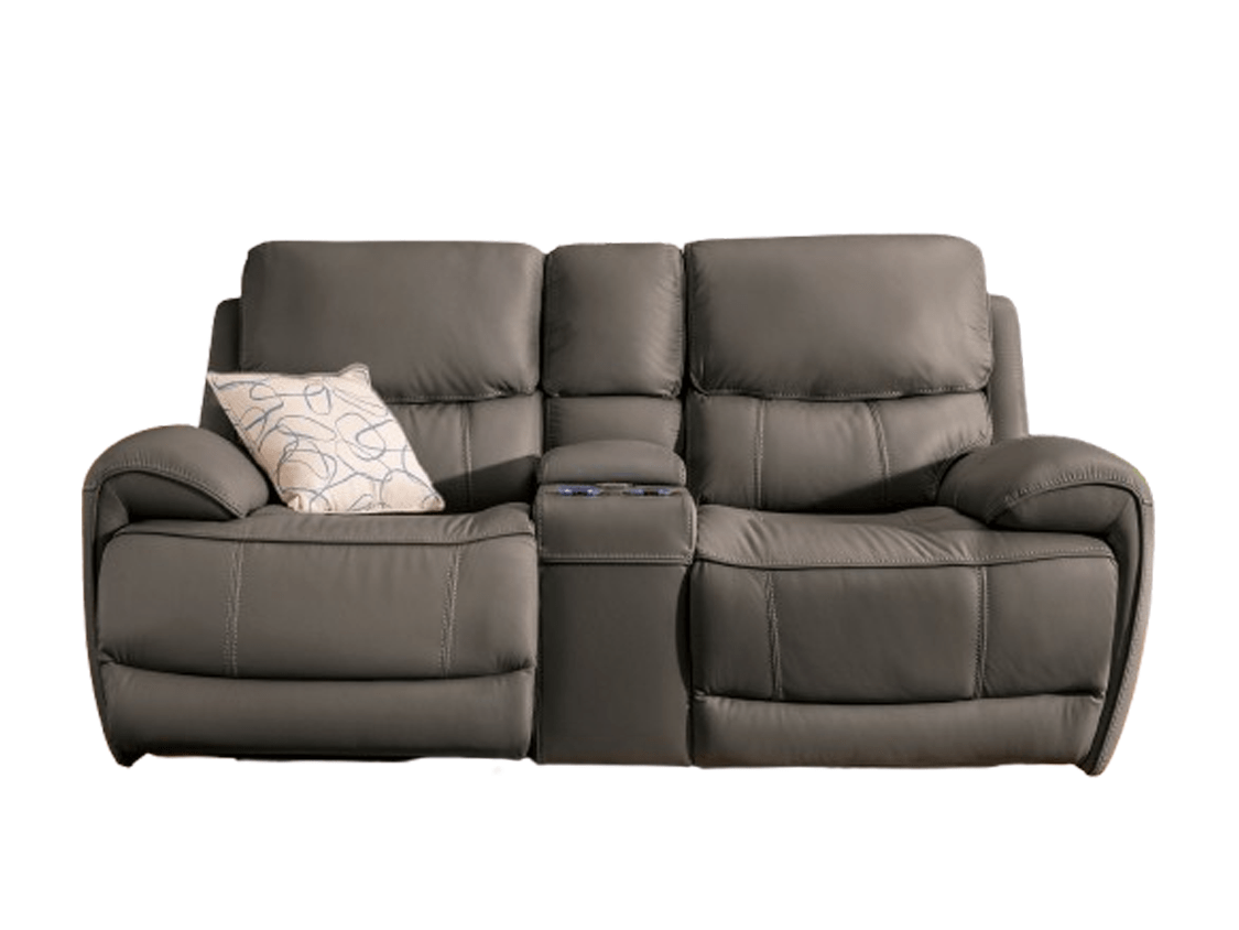 2 Seater Electric Recliner Tech Sofa in Smokey Taupe Aire Leather with USB Port, Blue LED, Massager, and Cupholders